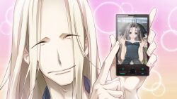 1boy 1girl 3d adam&#039;s_apple black_dress blonde_hair blue_eyes blurry bokeh closed_eyes depth_of_field dress fingernails frilled_dress frilled_skirt frilled_sleeves frills fukuda_tomonori game_cg grey_hair hair_between_eyes hands_up highres holding holding_phone kimijima_kou long_hair looking_at_viewer non-web_source official_art open_mouth phone pink_background puffy_short_sleeves puffy_sleeves robotics;notes short_sleeves skirt sleeveless_vest smile twintails yukifune_airi