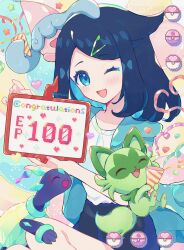 Rule 34 | 1girl, black hair, blue eyes, blue hair, blue jacket, blush, celebration, closed eyes, colored inner hair, cowlick, eyelashes, gen 8 pokemon, hair ornament, hairclip, haru (haruxxe), hatenna, highres, holding, jacket, liko (pokemon), looking at viewer, multicolored hair, nintendo, one eye closed, open clothes, open mouth, poke ball, pokemon, pokemon (anime), pokemon (creature), pokemon horizons, shirt, short hair, shorts, smile, sprigatito, white shirt