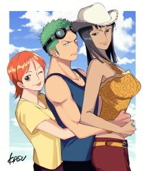 Rule 34 | 1boy, 2girls, artist name, belt, black hair, blue shirt, blue sky, brown eyes, cloud, goggles, green hair, hat, highres, hug, kasuga akira, looking at viewer, medium hair, multiple girls, nami (one piece), nami (one piece) (skypiea), nico robin, nico robin (skypiea), one eye closed, one piece, orange hair, pants, red pants, roronoa zoro, shirt, short hair, signature, sky, sleeveless, sleeveless shirt, toned, toned male, tongue, tongue out, yellow shirt