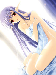 00s 1girl female_focus highres long_hair nerine nude official_art pointy_ears purple_hair red_eyes shuffle! solo suzuhira_hiro towel