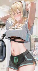 1girl alternate_costume armpit_peek armpits arms_up black_bra black_shorts blonde_hair blush bra breasts closed_mouth commentary_request contemporary cowboy_shot crop_top crop_top_overhang cup extreme_crop_top genshin_impact hair_between_eyes hair_intakes highres indoors kabu_usagi large_breasts looking_at_viewer lumine_(genshin_impact) midriff navel paid_reward_available print_shirt shirt short_hair short_hair_with_long_locks short_shorts shorts sidelocks signature solo steam stomach sweat toothbrush towel towel_on_head underwear unworn_bra washing_machine yellow_eyes