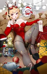 Rule 34 | 1girl, absurdres, antique phone, antlers, bare shoulders, black footwear, blonde hair, box, breasts, brown pantyhose, candlestick phone, candy, candy cane, capelet, character doll, christmas, christmas lights, christmas ornaments, christmas tree, covered navel, cross, detached sleeves, doll, flashlight, food, foreshortening, fur-trimmed headwear, fur-trimmed sleeves, fur trim, galon (kaela kovalskia), gift, gift box, goggles, goggles on head, hairband, hat, highleg, highleg leotard, highres, holoh3roes, hololive, hololive english, hololive indonesia, horns, kaela kovalskia, kaela kovalskia (penguin), kobo kanaeru, koseki bijou, leotard, lying, medium breasts, on back, open mouth, pantyhose, radi (pixiv 88192217), raised eyebrow, red capelet, red eyes, red hairband, red hat, red leotard, red sleeves, reindeer antlers, sack, santa costume, santa hat, shoes, short hair, skindentation, sleeves past wrists, solo focus, speech bubble, strapless, strapless leotard, suika game, talking on phone, triangle mouth, vestia zeta, virtual youtuber, window