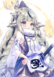 07touka25 1girl bare_shoulders blunt_bangs blush braid detached_sleeves feather_hair_ornament feathers fur_trim grey_hair hair_ornament hand_on_own_hip highres japanese_clothes katana knot open_mouth petite pleated_skirt sheath sheathed sidelocks skirt sword tenka_hyakken twin_braids weapon wide_sleeves yamatorige_ichimonji yellow_eyes