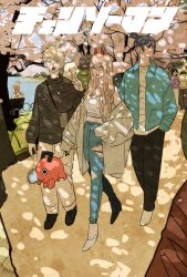 angel_devil_(chainsaw_man) black_hair blonde_hair blue_shirt chainsaw_man cherry_blossoms commentary_request crop_top denim denji_(chainsaw_man) eating food hair_between_eyes halo hands_in_pockets hat hayakawa_aki higashiyama_kobeni highres horns ice_cream jeans long_hair looking_at_viewer mask open_mouth orange_hair outdoors pants people pochita_(chainsaw_man) ponytail power_(chainsaw_man) red_horns sharp_teeth shirt short_hair sitting takeuchi_ryousuke teeth umbrella v violence_fiend_(chainsaw_man) white_wings wings