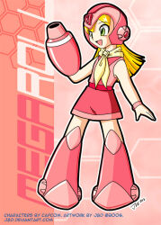 Rule 34 | arm cannon, arm up, armor, armored boots, bandana, bandana around neck, blonde hair, boots, bracelet, character name, dress, forehead jewel, green eyes, hair between eyes, headphones, helmet, j8d, jewelry, knee pads, long hair, looking to the side, mechanical boots, miniskirt, open mouth, pink armor, pink background, pink dress, pink helmet, pink skirt, roll (mega man), shirt, skirt, sleeveless, smile, t-shirt, weapon