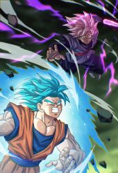 2boys arm_blade aura battle black_pants black_shirt blue_eyes blue_hair blue_sash blue_shirt buraku_black clenched_teeth dougi dragon_ball dragon_ball_super earrings energy_blade goku_black grey_tunic highres jewelry male_focus medium_hair midair multiple_boys orange_shirt pants pink_hair potara_earrings red_sash sash shirt single_earring son_goku spiked_hair super_saiyan super_saiyan_blue super_saiyan_rose teeth tunic weapon