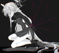 Rule 34 | 1girl, ahoge, black background, blue archive, bound, bound wrists, dress, from side, gloves, greyscale, halo, high collar, high heels, highres, hoshino (blue archive), long hair, monochrome, open-toe shoes, shoes, short dress, shrug (clothing), side slit, solo, spot color, squatting, thread, yu-y (824412)