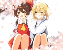 2girls ascot bagu black_skirt black_vest blonde_hair blush bow braid brown_eyes brown_hair cheek_poking cherry_blossoms commentary detached_sleeves falling_petals flower frilled_bow frilled_hair_tubes frills grin hair_bow hair_tubes hakurei_reimu highres kirisame_marisa long_hair long_sleeves looking_at_viewer multiple_girls no_headwear one_eye_closed open_mouth petals pink_flower pink_petals poking red_bow red_skirt side_braid single_braid sitting skirt skirt_set smile sweatdrop touhou vest white_bow yellow_ascot yellow_eyes