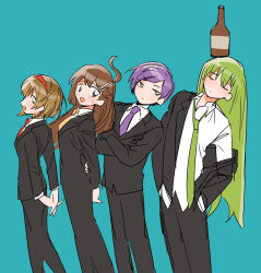 Rule 34 | 2boys, 2girls, ahoge, alcohol, aqua background, arms behind back, black gloves, black jacket, black pants, black suit, blue eyes, blush, bottle on head, brown hair, closed eyes, collared shirt, crossed arms, dress shirt, formal clothes, gloves, green hair, green necktie, hair ornament, hairband, hairclip, hands in pockets, highres, hod (project moon), jacket, lapels, lineup, lobotomy corporation, long hair, malkuth (project moon), mogura panda, multiple boys, multiple girls, necktie, netzach (project moon), pants, project moon, purple hair, purple necktie, red necktie, shirt, single off shoulder, suit, suit jacket, yellow necktie, yesod (project moon)