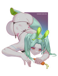 1girl absurdres animal_ears ass bare_shoulders bikini black_bikini breasts butt_crack carrot colored_sclera colored_skin cyberpunk_(series) cyberpunk_edgerunners fake_animal_ears green_eyes green_hair green_thighhighs high_heels highres long_hair looking_at_viewer melowh parted_bangs rabbit_ears rebecca_(cyberpunk) red_sclera small_breasts solo swimsuit tattoo thighhighs twintails white_skin