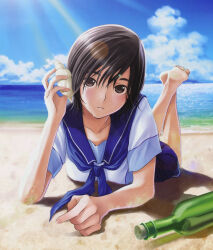 Rule 34 | 1girl, beach, black hair, blue neckerchief, blue sailor collar, blue skirt, blue sky, blush, bottle, breasts, brown eyes, cloud, collarbone, conch, corked bottle, cumulonimbus cloud, day, feet up, full body, hand up, highres, holding, horizon, light rays, looking at viewer, love plus, lying, neckerchief, ocean, official alternate hairstyle, official art, on stomach, outdoors, parted lips, pleated skirt, sailor collar, sand, school uniform, serafuku, shell, short hair, short sleeves, skirt, sky, smile, solo, summer uniform, sunbeam, sunlight, sweat, takane manaka, water, wine bottle
