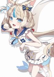 Rule 34 | 1girl, ahoge, animal ear fluff, animal ears, bikini, bikini under clothes, blonde hair, blue bikini, blue bow, blue eyes, blue hair, blue sailor collar, blunt bangs, bow, brown sandals, cat ears, commentary, dress, english commentary, fang, fins, fish girl, fish tail, frilled bikini, frilled sailor collar, frills, hair bow, highres, indie virtual youtuber, lifebuoy hair ornament, long hair, looking at viewer, low twintails, multicolored hair, odech44, one side up, open mouth, paw pose, sailor collar, sailor dress, sameko saba, sandals, scrunchie, simple background, skin fang, sleeveless, sleeveless dress, solo, streaked hair, swimsuit, tail, twintails, very long hair, virtual youtuber, white background, white dress, white hair, wrist scrunchie