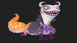 1boy absurdres animal animal_focus artist_name ascot black_jacket cross cross_necklace evil_smile gecko gecko_moria gloves high_collar highres horns jacket jewelry lizard msvekla necklace one_piece open_mouth purple_gloves sharp_teeth smile stitches teeth white_ascot