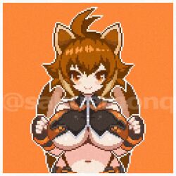 Rule 34 | animal ears, animated, animated gif, blazblue, bouncing breasts, breasts, brown eyes, brown hair, crop top, large breasts, looking at viewer, makoto nanaya, pixel art, sakuemon, short hair, squirrel ears, underboob