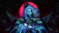 1girl artist_name commentary crescent english_commentary floating_hair flower full_moon hair_flower hair_ornament highres holding holding_weapon long_hair moon multiple_moles original red_moon sebijy solo weapon
