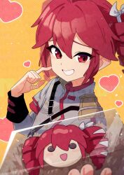 1girl belt black_belt black_sleeve_cuffs blush bow box buttons chocolate commentary_request double-breasted drill_hair fin_gocco grey_jacket grin hair_between_eyes hair_bow heart highres holding holding_box index_finger_raised jacket kasane_teto kasane_teto_(sv) layered_sleeves long_sleeves red_eyes red_hair red_trim shoulder_belt shoulder_boards smile solo striped_clothes striped_jacket synthesizer_v twin_drills utau valentine white_bow yellow_background