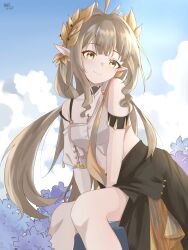 1girl arknights blue_sky brown_hair closed_mouth cloud dated elf highres laurels long_hair mole mole_under_eye muelsyse_(arknights) muelsyse_(golden_reverie)_(arknights) outdoors pointy_ears sky smile very_long_hair yellow_eyes zerosama_(sailuojiang)