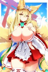 1girl :o absurdres animal_ear_fluff animal_ears apron areola_slip blonde_hair blush breasts cleavage cloud cloudy_sky covered_erect_nipples cowboy_shot detached_collar detached_sleeves fox_ears fox_girl fox_tail hand_on_own_chest highres hirume_of_heavenly_incense huge_breasts japanese_clothes kitsune last_origin leqz5945 long_hair looking_at_viewer magatama maid maid_apron maid_headdress multiple_tails outdoors skindentation sky slit_pupils smile solo tail thighhighs thighs torii unconventional_maid yellow_eyes