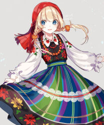 Rule 34 | 1girl, amaichi esora, artist name, bead necklace, beads, blonde hair, blue eyes, braid, commentary request, dated, floral print, floral print shirt, floral print skirt, grey background, headscarf, highres, jewelry, looking at viewer, multicolored skirt, necklace, open mouth, original, print skirt, red headscarf, skirt, skirt hold, smile, solo, twin braids, white sleeves