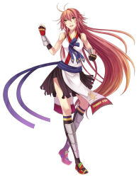 1girl black_skirt black_socks blue_sash blush breasts clenched_hand commentary english_commentary fingerless_gloves full_body gloves hair_between_eyes long_bangs long_hair looking_afar medium_breasts open_mouth pink_hair ragnarok_online red_shoes rinslette sash shin_guards shirt shoes simple_background skirt sleeveless sleeveless_shirt socks solo star_gladiator_(ragnarok_online) vambraces very_long_hair white_background white_shirt yellow_eyes