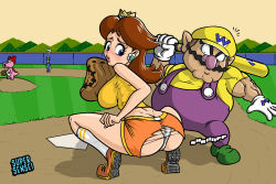 2boys 2girls ? arms_at_sides artist_name ass ball bare_shoulders baseball baseball_base baseball_bat baseball_glove baseball_stadium big_nose birdo blue_eyes blue_overalls blush bow breasts brown_footwear brown_hair brown_sky butt_crack claws cleft_chin closed_eyes closed_mouth constricted_pupils crown curvy dimples_of_venus earrings embarrassed eyelashes facial_hair fat fat_man flipped_hair flower_earrings from_behind furrowed_brow galaspek gloves grass green_footwear green_headwear green_shirt hat head_tilt highres holding holding_ball holding_baseball_bat jewelry kneehighs large_breasts legs legs_apart lips long_sleeves looking_at_another looking_back looking_down luigi mario_(series) mario_superstar_baseball medium_hair mountain mountainous_horizon multiple_boys multiple_girls mustache narrow_waist nintendo notice_lines orange_footwear orange_shorts outdoors outstretched_arm over_shoulder overalls panties pantyshot parted_lips pink_lips pixel_art pointy_ears pointy_footwear princess_daisy puckered_lips purple_overalls red_bow shadow shirt shoes short_shorts short_sleeves shorts sky sleeveless sleeveless_shirt sneakers socks sound_effects sprite squatting standing supersensei surprised sweat tail thick_eyebrows thighs tiptoes torn_clothes torn_shorts underwear wardrobe_malfunction wario white_gloves white_legwear white_panties white_socks yellow_headwear yellow_shirt