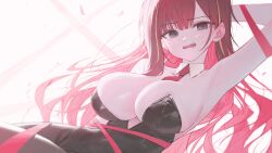 1girl absurdres akane_lize arm_behind_head arm_up armpits bare_shoulders black_eyes black_leotard black_pantyhose breasts cleavage collarbone commentary_request detached_collar fangs floating_hair highres huhi_(huhi_1211) korean_commentary large_breasts leotard long_hair looking_at_viewer lying mole mole_on_cheek multicolored_hair necktie open_mouth pantyhose red_hair red_necktie red_pupils red_ribbon ribbon solo stellive streaked_hair thighs very_long_hair virtual_youtuber white_background
