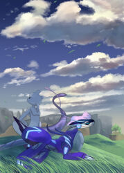 closed_eyes closed_mouth cloud commentary_request day falling_leaves gen_1_pokemon grass highres leaf legendary_pokemon lying mew_(pokemon) mewtwo miraidon mythical_pokemon nanai_hachiyama nintendo no_humans on_head outdoors pokemon pokemon_(creature) pokemon_on_head sitting sky