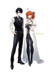 Rule 34 | 1boy, 1girl, anniversary, arlizi, black gloves, black hair, black pants, black pantyhose, black shoes, black skirt, black vest, blue eyes, closed mouth, collared shirt, dress, fate/grand order, fate (series), flower, fujimaru ritsuka (female), fujimaru ritsuka (female) (fgo fes. 2025), fujimaru ritsuka (male), full body, gloves, hair ornament, hair ribbon, hands on own hips, highres, jewelry, looking at viewer, medium hair, necklace, orange hair, pants, pantyhose, pinstripe pants, pinstripe pattern, ribbon, shirt, shoes, short hair, shrug (clothing), simple background, skirt, standing, star (symbol), star hair ornament, vest, white background, white dress, white shirt, white shrug, wing collar, yellow eyes, yellow flower