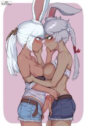 2futa after_kiss blue_eyes breasts clothes_lift clothes_pull commission cutoffs eye_contact from_side futa_with_futa futanari grabbing_another&#039;s_arm green_eyes grey_hair hand_on_another&#039;s_cheek hand_on_another&#039;s_face highres jack_rockhardt looking_at_another medium_breasts medium_penis multiple_futa open_clothes open_shorts penis penises_touching precum rabbit_ears rabbit_girl saliva saliva_trail shirt_lift shirt_pull short_shorts shorts small_breasts small_penis testicles uncensored white_hair