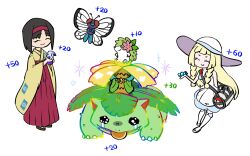 2girls alternate_color arm_behind_back bag black_hair blonde_hair blunt_bangs braid butterfree closed_eyes closed_mouth crying crying_with_eyes_open dress duffel_bag erika_(pokemon) gen_1_pokemon gen_4_pokemon giving hakama hakama_skirt hat highres japanese_clothes kimono legendary_pokemon lillie_(pokemon) long_hair long_sleeves meruru_gu multiple_girls mythical_pokemon nintendo okobo parted_bangs platform_sandals pokemon pokemon_tcg pokemon_tcg_pocket potion_(pokemon) rare_candy red_skirt sandals shaymin shaymin_(land) shiny_pokemon short_hair skirt sleeveless sleeveless_dress smile socks sparkle sun_hat tears tongue tongue_out twin_braids venusaur white_background white_dress white_socks yellow_kimono