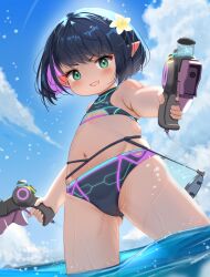 1girl bikini black_hair commentary_request final_fantasy final_fantasy_xiv flat_chest flower green_eyes hair_flower hair_ornament holding lalafell multicolored_hair navel outdoors pointy_ears shelldy short_hair solo sugar_riot swimsuit two-tone_hair water