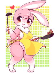 1girl animal_ears apron border breasts commentary_request frying_pan furry furry_female heart holding holding_frying_pan jaggy_lines large_breasts lowres naked_apron oekaki original pink_fur rabbit_ears rabbit_girl rabbit_tail red_eyes shortstack solo standing tail takiune white_border wide_hips yellow_apron
