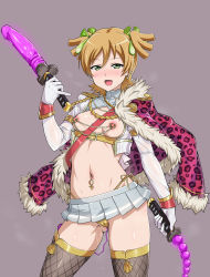 1girl anal_beads ankh blonde_hair blush breasts condom condom_hair_ornament cowboy_shot daiba_nana dildo dildo_sword earrings elbow_gloves fur-trimmed_jacket fur_trim gloves green_eyes heart heart_earrings highres hyoumongozaru jacket jewelry linked_piercing looking_at_viewer microskirt naughty_face navel navel_piercing nipple_piercing nipples piercing pussy_juice sex_toy shoujo_kageki_revue_starlight skirt small_breasts solo thighhighs thong used_condom