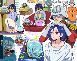 1girl 2boys blonde_hair blue_hair char_aznable chibi closed_mouth colored_inner_hair commentary_request couch cushion dancing epaulettes eye_mask fishbowl glasses gloves gundam gundam_gquuuuuux hair_ornament hairclip helmet highres jacket knitting long_hair long_sleeves looking_at_viewer lower_eyelashes_only military_jacket military_uniform multicolored_hair multiple_boys multiple_views musical_note nyaan_(gundam_gquuuuuux) on_couch purple_hair red_eyes red_jacket rsuhima shirt short_hair shuji_ito sitting sleeping smile translation_request two-tone_hair v white_shirt yellow_eyes zzz