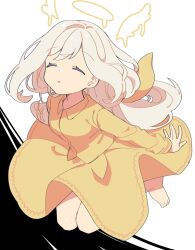 1girl :o barefoot black_background bow closed_eyes collared_dress drawn_halo drawn_wings dress end_roll full_body gardenia_reitman hair_bow halo highres jumping long_hair long_sleeves solo swept_bangs two-tone_background white_background white_hair yellow_bow yellow_dress yuzuyuki