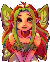 1girl bare_shoulders belt black_belt breasts brown_hair cleavage collarbone commentary dress english_commentary eyeshadow fairy freckles green_dress green_eyes green_eyeshadow green_hair green_lips highres illusen latteswiirl leaf_wings leaning_forward looking_at_viewer makeup multicolored_hair neopets pointy_ears smile solo straight-on strapless strapless_dress streaked_hair transparent_background two-tone_hair