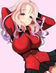 Rule 34 | 1girl, arms behind head, blue eyes, blush, breasts, girls und panzer, kumaisao, large breasts, long hair, military uniform, open mouth, peach (girls und panzer), pink background, pink hair, simple background, solo, st. gloriana&#039;s military uniform