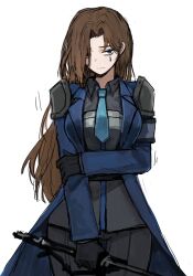 Rule 34 | 1girl, absurdres, arm under breasts, armor, badnick69 (camchi), black shirt, blue eyes, blue necktie, breastplate, brown hair, closed mouth, coat, collared shirt, commentary request, e.g.o (project moon), highres, holding, holding weapon, korean commentary, library of ruina, limbus company, long hair, long sleeves, looking at viewer, necktie, pants, parted bangs, project moon, rodion (project moon), shirt, shoulder armor, shoulder pads, simple background, teardrop facial mark, the sword sharpened with tears (e.g.o), very long hair, weapon, white background