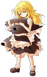 1girl apron black_dress black_shoes blonde_hair bow commentary_request dairi defeat dress full_body hat holding holding_unworn_clothes holding_unworn_hat kirisame_marisa large_variant_set long_hair looking_at_viewer shirt shoes short_sleeves socks solo sweatdrop tachi-e torn_clothes touhou transparent_background turtleneck unworn_hat unworn_headwear variant_set waist_apron white_bow white_socks yellow_eyes