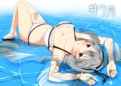 1girl absurdres ankle_strap arms_up artist_name assault_lily bare_legs bare_shoulders bikini black_hairband black_ribbon black_sandals blush bow_hairband bracelet breasts cleavage collarbone commentary frilled_bikini frills full_body grey_hair grey_ribbon hair_ribbon hairband halterneck hata_matsuri highres jewelry july knees_up large_breasts leg_ribbon long_sleeves looking_at_viewer lying medium_hair navel official_alternate_costume on_back open_clothes open_shirt parted_lips partially_submerged pearl_bracelet purple_eyes ribbon sandals see-through_clothes see-through_shirt see-through_sleeves senri_(senri03151221) shallow_water shirt solo stomach swimsuit swimsuit_cover-up thigh_ribbon translated two-tone_sandals water white_background white_bikini white_sandals