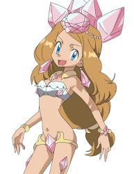 1girl absurdres between_breasts blonde_hair blue_eyes breasts cleavage cosplay diamond_(gemstone) diamond_panties diancie diancie_(cosplay) female_focus gen_6_pokemon groin hidden_vibrator highres legendary_pokemon long_hair low-tied_long_hair midriff mythical_pokemon navel nintendo panties pokemon pokemon_(anime) pokemon_xy_(anime) serena_(pokemon) solo transparent_background underwear