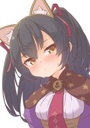 Rule 34 | absurdres, animal ear hairband, animal ears, black hair, blush, bow, breasts, brown capelet, capelet, cat ear hairband, cat ears, emil chronicle online, fake animal ears, hair bow, hairband, highres, large breasts, long hair, necktie, purple shirt, red necktie, red ribbon, ribbon, shirt, silver-index, sweatdrop, syugoma kanade, twintails, upper body, white background, yellow eyes