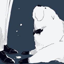 Rule 34 | 1boy, absurdres, animal, awarinko, bond (spy x family), bow, bowtie, dog, grey background, greyscale, highres, monochrome, pants, puddle, shoes, simple background, spy x family, standing, tears, twilight (spy x family), twitter username