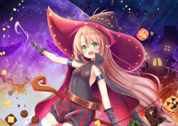 1girl armpits black_cloak breasts brown_hair cloak cookie emn food green_eyes halloween halloween_costume hat highres irina_bondarchuk iris_mysteria! long_hair night night_sky open_mouth pointy_ears pumpkin sky small_breasts smile staff sweets very_long_hair witch_hat
