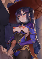1boy 1girl ayul_(ayulneri_92) black_gloves black_legwear black_ribbon black_shirt blue_eyes blush breasts censored censored_nipples collarbone commentary_request earrings erection frown genshin_impact gloves hair_ornament hair_ribbon hand_on_penis hat hetero highres jewelry long_hair long_sleeves looking_down medium_breasts mona_(genshin_impact) mosaic_censoring nipples penis penis_grab penis_hold purple_hair ribbon shirt solo_focus star_(symbol) star_earrings sweatdrop trembling twintails witch_hat