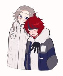 2boys ahoge aotsuki_eito arm_around_shoulder black_gloves black_hair blue_eyes blue_jacket blush closed_eyes glasses gloves grey_hair grey_jacket height_difference hood hoodie jacket male_focus messy_hair multicolored_jacket multiple_boys open_mouth red_hair simple_background smile sumino_takumi teeth the_hundred_line_-last_defense_academy- white_background white_hoodie white_jacket zero_(misamxsa08) zipper_pull_tab