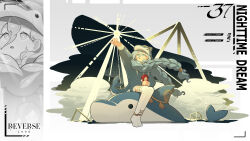 1girl 37_(reverse:1999) :o absurdres alternate_costume anklet arm_up black_sky blue_eyes blue_hair braid character_doll character_name cloud copyright_name daku_k doll dolphin_costume english_text floating_hair full_body geometric_solid grey_background hair_between_eyes hair_over_shoulder hand_up highres holding holding_doll jewelry logo long_hair looking_up no_shoes reverse:1999 revision sitting sky solo sophia_(reverse:1999) stuffed_animal stuffed_dolphin stuffed_toy sunburst thighhighs twin_braids very_long_hair water white_thighhighs zoom_layer