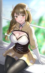Rule 34 | 1girl, black corset, black pantyhose, braid, braided ponytail, breasts, brown hair, cleavage, corset, fire emblem, fire emblem engage, gloves, goldmary (fire emblem), hair ribbon, highres, hooded top, large breasts, long hair, looking at viewer, low ponytail, mole, mole on breast, nintendo, pantyhose, ponytail, ribbon, smile, solo, tarutaru193, white gloves, white ribbon, yellow eyes