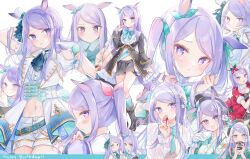 1girl :d :o animal_ears ascot black_boots black_jacket blush boots bow closed_mouth ear_bow food fruit gloves green_ascot green_bow green_socks grey_skirt hair_bow hand_up highres holding holding_food horse_ears horse_girl horse_tail jacket kneehighs lace-up_boots long_hair long_sleeves mejiro_mcqueen_(umamusume) midriff moko_(mokochisa) multiple_views navel open_clothes open_jacket open_mouth pleated_skirt purple_eyes purple_hair school_uniform short_sleeves shorts simple_background skirt smile socks strawberry tail tracen_school_uniform umamusume white_background white_gloves white_jacket white_shorts