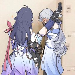 2girls ahoge bare_shoulders blush bronya_rand commentary covering_own_mouth drill_hair embarrassed english_commentary fingerless_gloves foot_kabedon gloves highres honkai:_star_rail honkai_(series) indoors kabedon leg_up locker locker_foot_kabedon_(meme) long_hair meme multiple_girls no_eyes seele_(honkai:_star_rail) si_(si_sowofei) split standing standing_on_one_leg standing_split star_(symbol) sweatdrop yuri